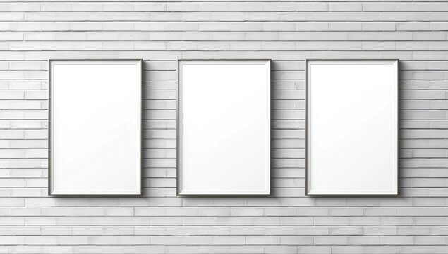 Three blank posters on white brick wall 