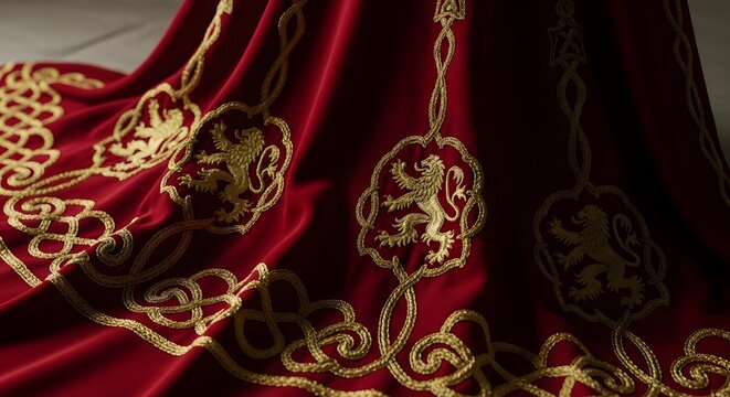 Close up of ornate red fabric with gold embroidered lion crest details