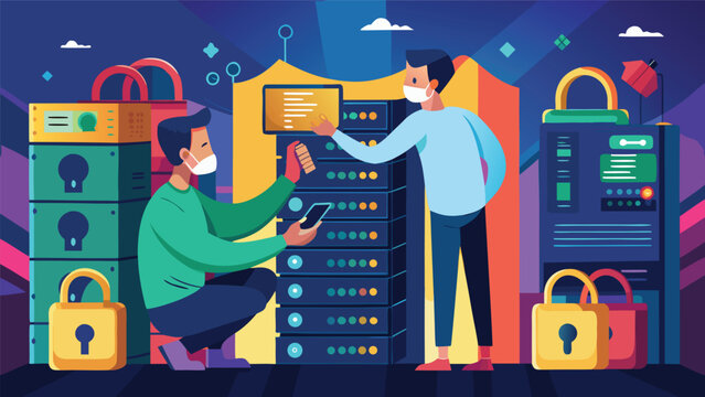 People working on server security and data protection in a modern office during the day