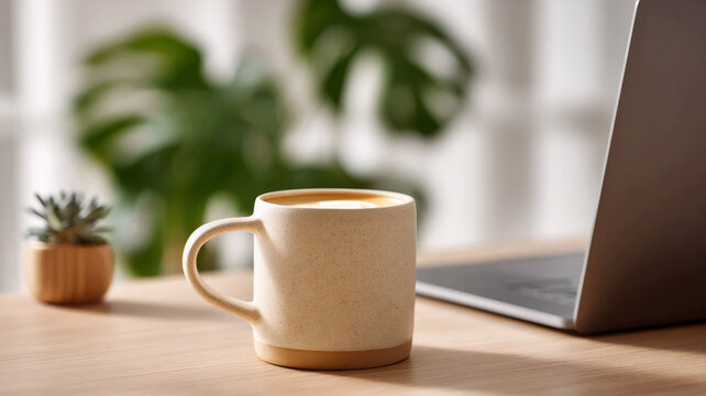 Modern workspace flat lay with latte in clay mug, laptop, succulent, monstera plant and bamboo pot on wooden desk.