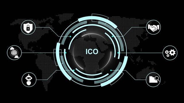 Central circular hub labeled ICO connected by lines to surrounding hexagonal representing data analysis security and teamwork