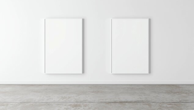 Two square white frame mock up on concrete floor. Blank two white frame. 3d illustrations