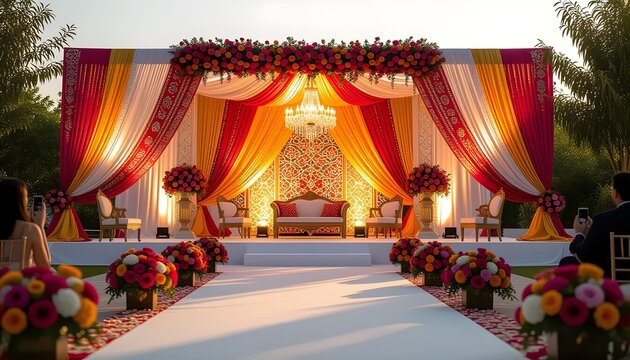Punjabi vibrant indian wedding stage decoration with phulkari fabrics and bright colors