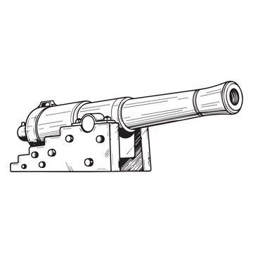 Hand-drawn artillery cannon mounted on base with detailed mechanical features.