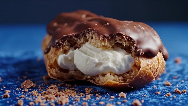Macro shot of chocolate glazed eclair with whipped cream