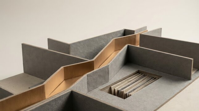 Protected golden allocation route through staggered paper board channels with buffer chamber for strategic budget realignment business presentation background