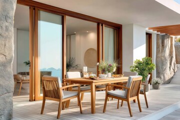 Fototapeta premium Teak outdoor dining set on sunlit coastal terrace with wooden table and cushioned chairs