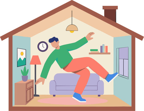 Man falls inside living room with furniture and decor