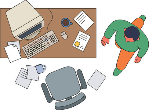 Man working at office desk with computer and papers on brown table from top view