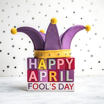 Festive fools day celebration a colorful jester hat and 'happy april fool's day' blocks for pranks and merriment
