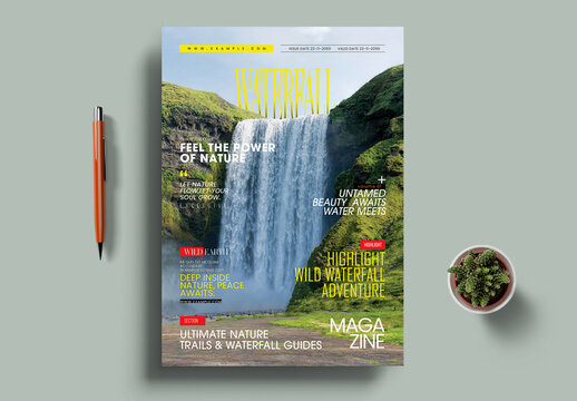 Nature Magazine Cover Design with Waterfall Landscape Adventure Theme