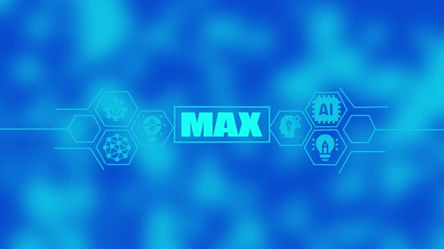 Blue abstract background with glowing hexagonal representing technology and innovation including ai and lightbulbs surrounding the word max in bold blue letters keywords