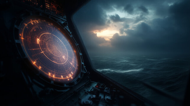 Radar screen inside vessel with stormy ocean visible outside. AI-generated.