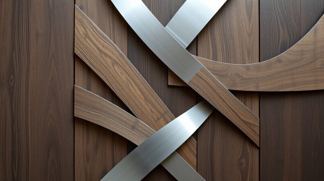 Abstract wall art features wood panels, metal ribbons. Intersecting lines create dynamic texture, modern design aesthetic. Warm tones dominate composition.