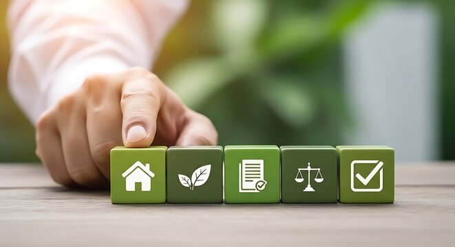 Person pointing at green wooden blocks with house leaf and law icons symbolizing sustainable housing and environmental policy
