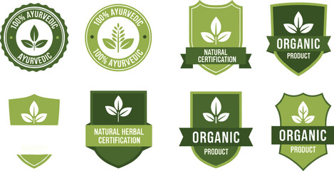 A collection of various green and white badges and labels promoting ayurvedic organic and natural product certifications high quality professional detailed modern elegant