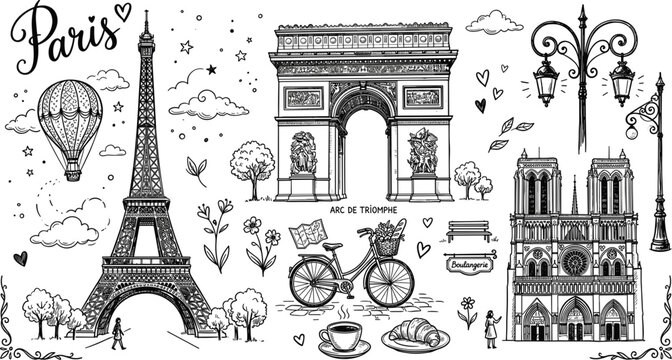 Detailed Paris landmark doodle set featuring Eiffel Tower Arc de Triomphe Notre Dame and French culture sketch elements