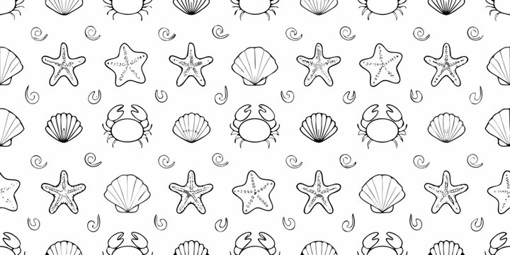 Black and white seamless pattern featuring seashells starfish and crabs