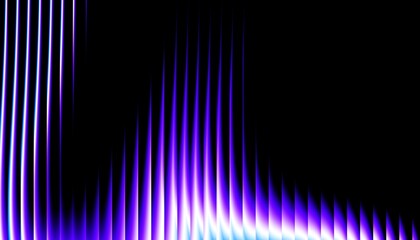 Neon ribbed fractal glass 3d lines on black background. Holographic vertical stripe pattern with vibrant purple blue white gradient. Abstract black bg, iridescent texture lines in radiant colors. 3D
