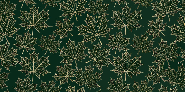 Elegant seamless pattern featuring golden maple leaves on a dark green background