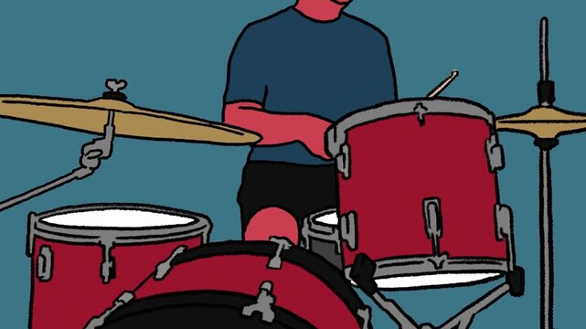 animation of drummer playing drum. retro vintage rotoscope style. front close up view