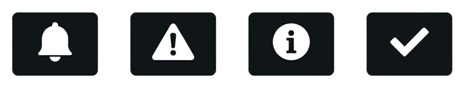 Set of modern minimalist icons: notification bell, warning alert, information, and checkmark. Black and white vector style design for UI/UX, web, and app interface.