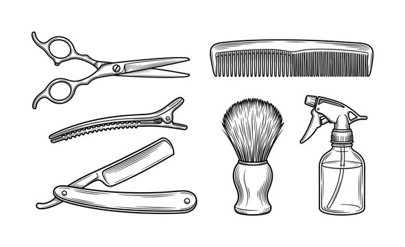 A vintage style vector set of professional barber and hairdresser tools. Hand drawn illustration of scissors, razor, comb for salon branding, icons, and men's grooming design.