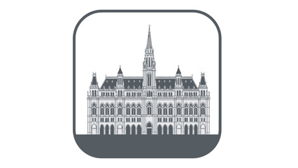 Fototapeta premium Minimalist architectural illustration of vienna city hall building in austria featured within a rounded frame icon.