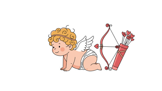 Adorable cartoon baby cupid with wings crawling near a bow and a quiver full of heart shaped arrows on a white background.