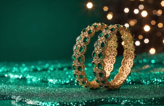 Golden bracelet with intricate designs, set on a deep green backdrop with shimmering light, copy space, happy Diwali background, traditional, Indian festival