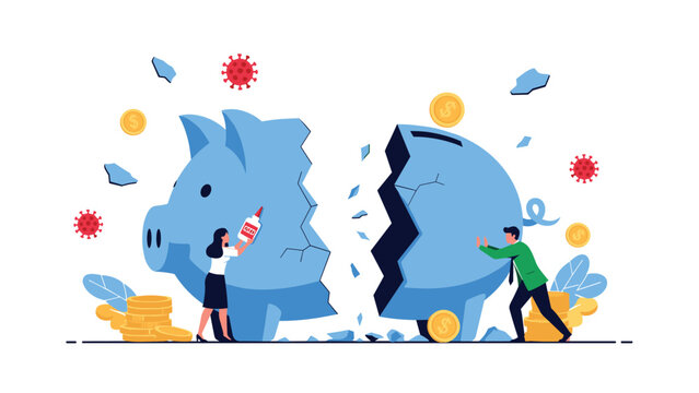 Business people attempting to glue and push back together a large broken blue piggy bank surrounded by coins and virus particles.