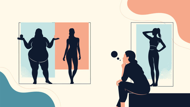 Thoughtful woman reflecting on body image and personal transformation while looking at different silhouettes of herself.