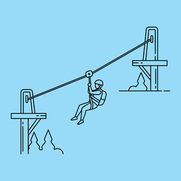 Person ziplining on a line between two towers with mountains zip line