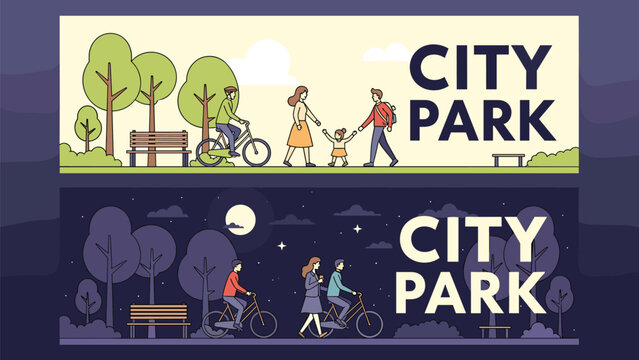 Set of horizontal banners for a city park showing people walking and cycling during the daytime and nighttime under a bright moon and stars.