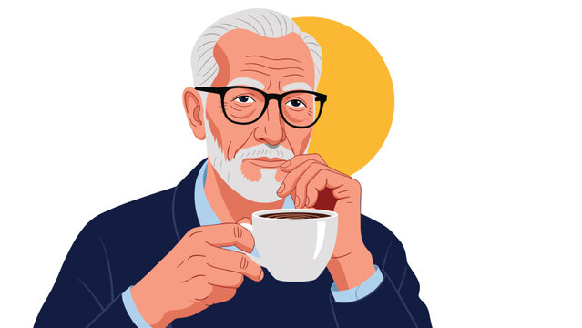 Portrait of a sophisticated elderly man with a white beard and glasses holding a white cup of hot coffee while looking thoughtfully at the camera.