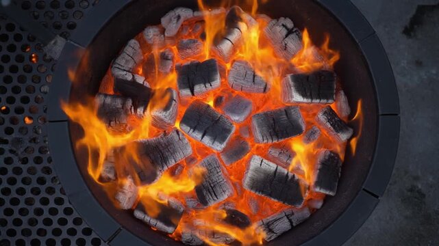 Glowing Embers and Flames in Outdoor Fire Pit Top View