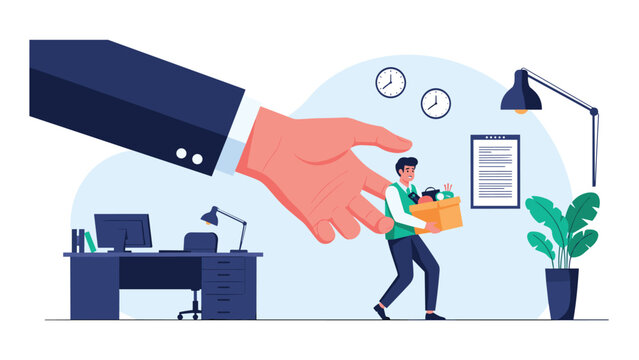 Huge corporate hand pushing an employee out of the office while he carries a box of personal items representing a sudden job termination process.