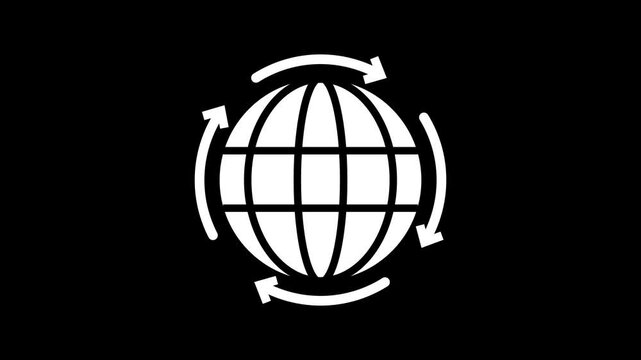 Globe with rotating arrow icon loop animation on black background.