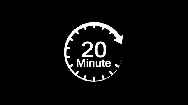 20 minute countdown timer clock icon animation on black background.