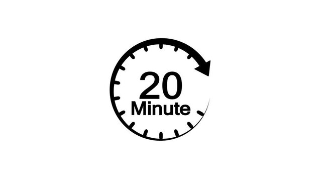 20 minute countdown timer clock icon animation on white background.