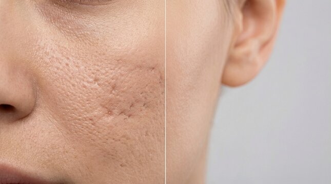 Face with pitted acne scars before and after skin treatment