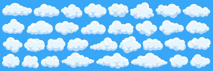 Obraz premium Set of cartoon cloud in a flat design. Fluffy white cartoon clouds in blue sky vector set. Cloudy day heaven. Cartoon cloudy fluffy illustration