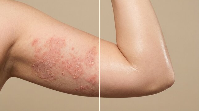 Before and after treatment showing significant improvement of severe eczema on arm.