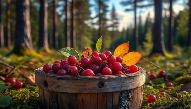 Wild Forest Berries in Birch Bark Basket on Forest Background for Foraging Content and Nature Illustrations | Rustic Harvest Concept