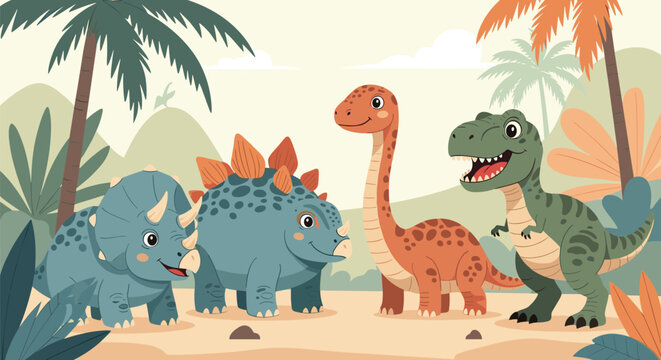 Group of friendly cartoon dinosaurs including a triceratops stegosaurus brachiosaurus and t-rex gather in a prehistoric tropical land.