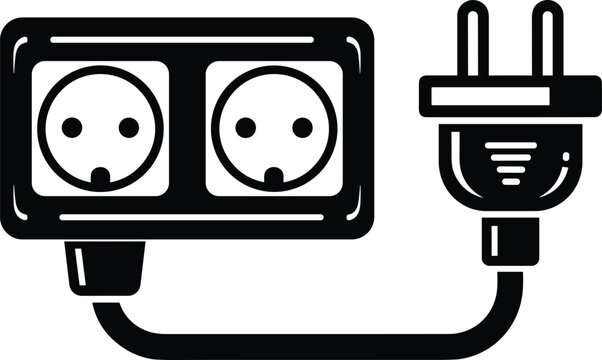 Electrical outlet with plug vector illustration, power strip line art, socket extension cable symbol.