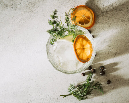 gin and tonic with dried orange and dill photographed in a studio