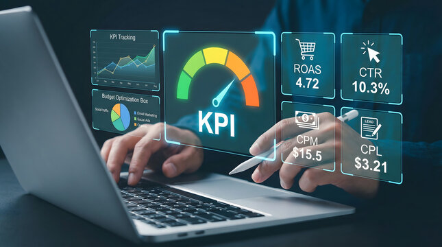 Professional analyzes digital marketing Key Performance Indicators and budget optimization data on a