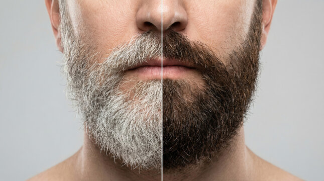 Man's beard before and after dyeing for color restoration.