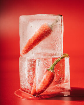 two red chilli's frozen in ice cubes photographed in a studio